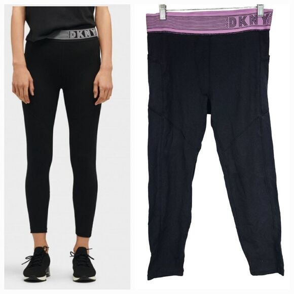 Dkny Pants - DKNY Sport High Waist Compression Leggings Side Pockets Track Logo Black/Pink L